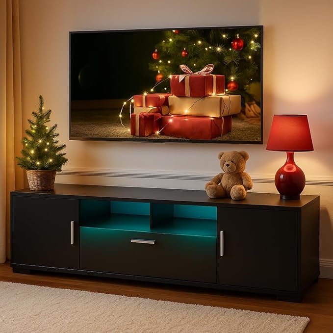 Modern Black TV Stand for TVs up to 75 Inches – LED Light Entertainment Center with Drawer &amp Cabinets Media Console with Storage Shelves for Living Room