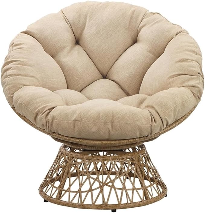 Pemberly Row Papasan Chair Cream Round Pillow Cushion Natural Resin Wicker Weave Metal Frame 360° Swivel 40 W x 36 D x 35.25 H Accent Chair for Living Room Family Room or Dorm