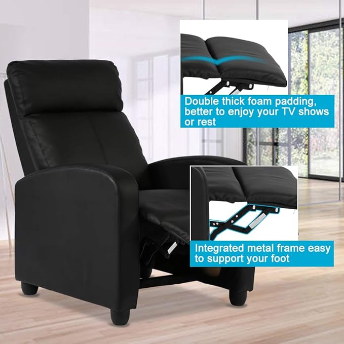 Dkeli Recliner Chair for Living Room Padded Wide Seat Sofa PU Leather Reclining Chair with Footrest &amp Backrest Wingback Heavy Duty Modern Single Sofa Home Theater Seating Easy Lounge Black