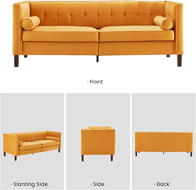 WILLOVE 78 Mid-Century Modern Velvet Sofa 3 Seater Couch with Comfy Deep Seats Futon Loveseat Couch for Living Room Furniture with Two Throw Pillows Easy to Install (Ginger)