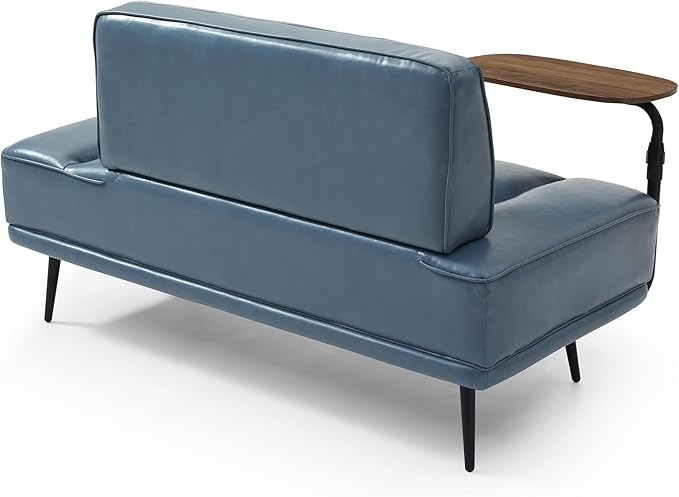 Modern Upholstered End of Bed Bench with 360-Degree Swivel Tray 2 Seater Sofa Couch with Side Table Settee Bench with Metal Legs Backrest for Living RoomEntrywayFoyer (PU-With Tray Grayish Blue)