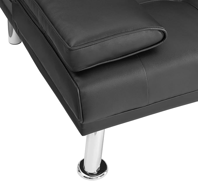Naomi Home Low Profile Design: Convertible Folding Futon Sofa Bed Sleeper Couch for Living Room Faux Leather Upholstered Futon Sofa with Armrests Metal Legs 2 Cup Holders Black