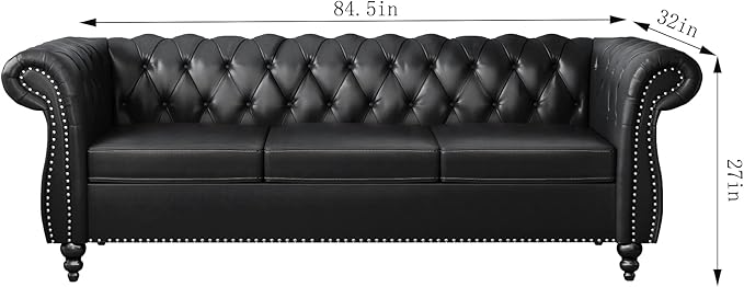 PU 3 Seater Sofa Chesterfield Sofa Modern Tufted Couch 3 Seater Large Sofa with Scroll Arms and Nailhead for Living Room Black PU