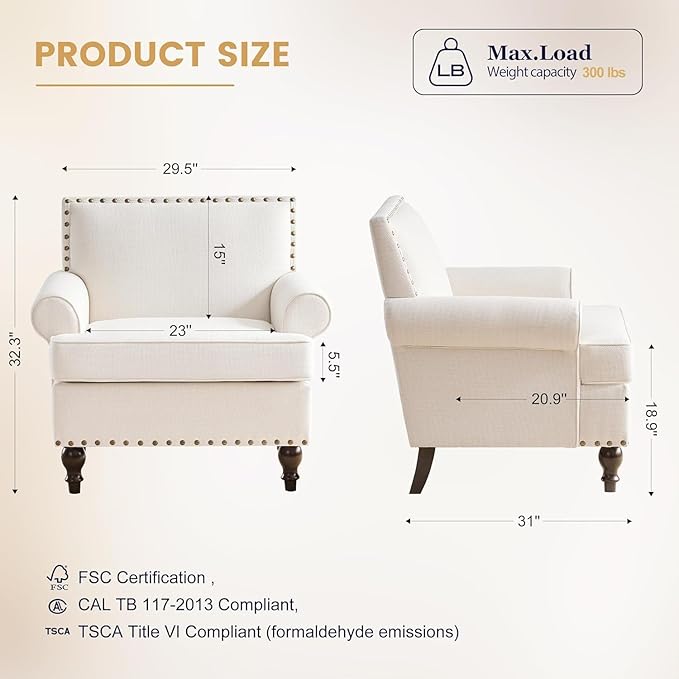 Accent Chair Retro Living Room Chairs with Soft Cushion Mid Century Modern Arm Chair Comfy Upholstered Reading Sofa Chair Beige