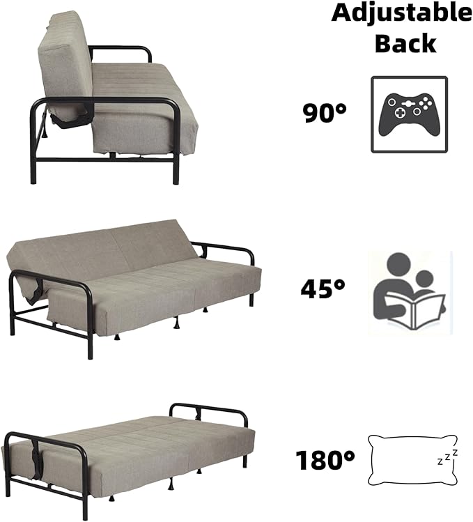 Homy Casa Modern Grey Futon Sofa Bed with Arm 78.74 3-Position Adjustable Backrest Metal Frame Capacity 500 lbs Convertible Daybed for Living Room/Guest Room/Studio Apartment