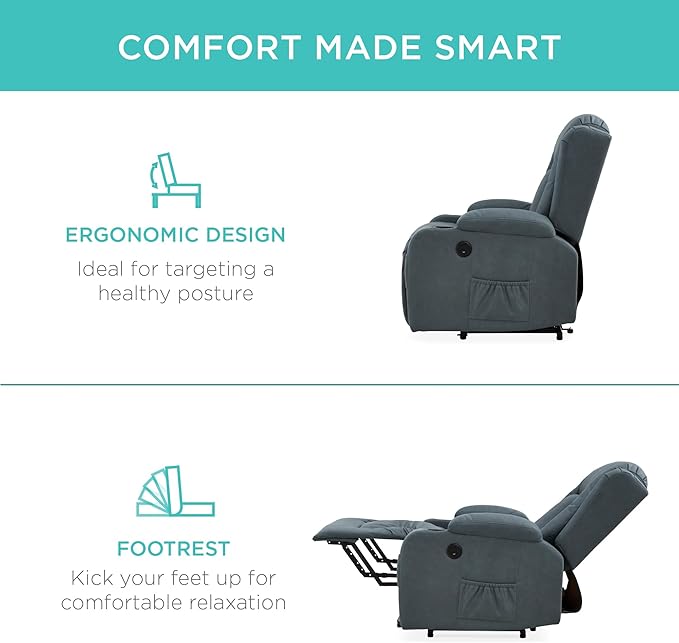Best Choice Products PU Leather Electric Power Lift Chair Recliner Massage Chair Adjustable Furniture for Back Legs w/ 3 Positions USB Port Heat Cupholders Easy-to-Reach Side Button - Blue