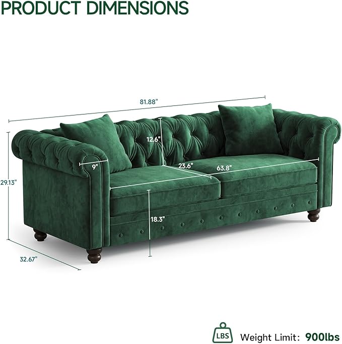 ONBRILL 82 Inch Chesterfield Sofa 23 Inch Deep Seat Velvet Couch for Living Room Button Tufted Couch with Rolled Arms 2 Throw Pillows Comfy Vintage Loveseat Sofa for Apartment Green