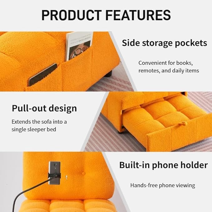 40 L Convertible Sofa Bed 3-in-1 Multifunctional Lounge SleeperPullout Guest Bed with Side Pocket &amp Phone Holder Adjustable Backrest | Design for Small Spaces Living Room &amp BedroomOrange