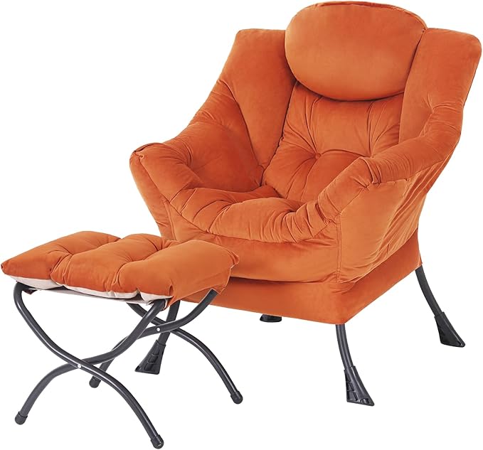 Lazy Chair with Folding Ottoman Modern Accent Armchair with Armrests Side Pocket &amp Foldable Footstool Reading Chair for Living Room Bedroom Dorm &amp Office Velvet Orange