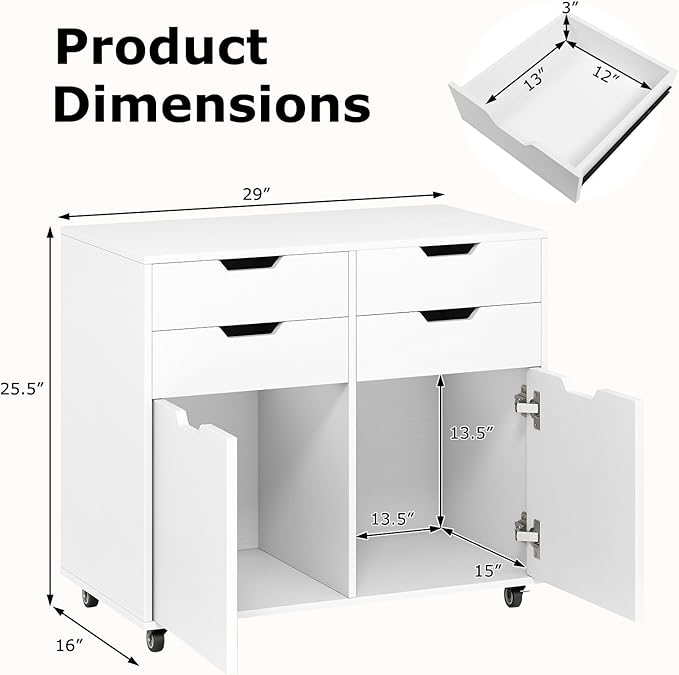 White File Cabinet with 4 Drawers and 2 Doors Under Desk Mobile Storage Organizer Wooden Printer Stand on Wheels 29 Lateral Filing Cabinet for Home Office Living Room