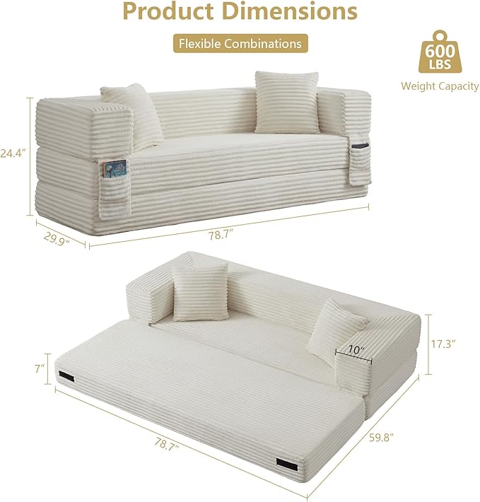 GNIXUU 78.7 Boneless Convertible Sleeper Sofa Bed 4-in-1 Folding Corduroy Futon Couch Bed Oversized Loveseat Modular Floor Mattress Couch for Living Room Bedroom Lounge No Assembly Beige
