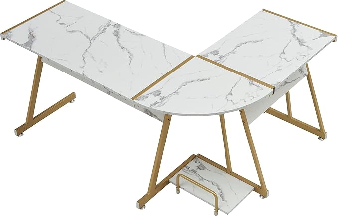 ivinta L Shaped Gaming Desk 58 Modern Corner Computer Desk with Keyboard Tray &amp CPU Stand for Small Spaces Home Office &amp Living Room 7112 (White &amp Gold)