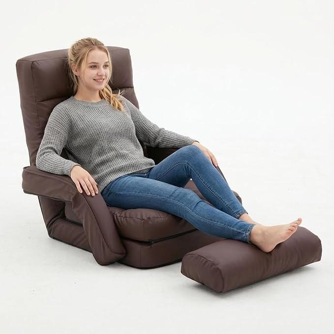 FLOGUOR 14-Position Adjustable Floor Chair Chaise Lounge Indoor Folding Lazy Sofa with Armrests and a Pillow Padded Adults Gaming Chairs for Living Room Bedroom Factory Price8803 (Coffee(PU))