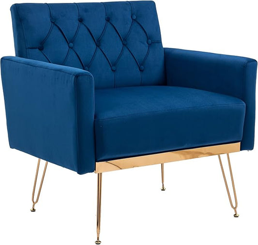Velvet Accent Chair Upholstered Living Room Accent Armchair Leisure Single Chairs with Rose Golden feet Tufted Sofa Chairs for Home Office Living Room Bedroom Small Space (Navy)
