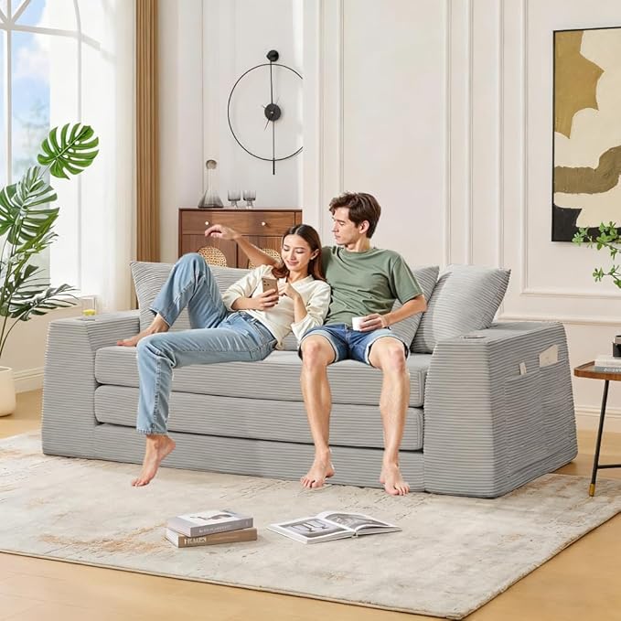 82.25 Convertible Loveseat Sleeper Sofa Bed with Side Pocket 2 in 1 Corduroy Pull Out Bed with 5 Pillows Boneless Couch with 2 Cup Holders and Wide Armrest No Assembly Light Gray