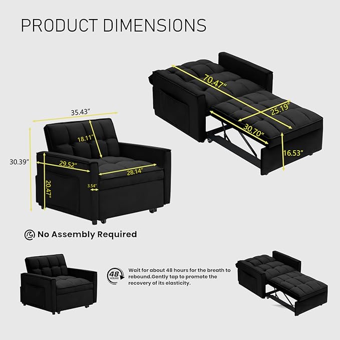 3 In 1 Velvet Convertible Sofa Bed Pull Out Couch Bed with Reclining Backrest And 2 Pillows 54 Full Size Loveseat Sleeper Sofa Futon Couch Bed Couches For Small Spaces Living Room (Black②)