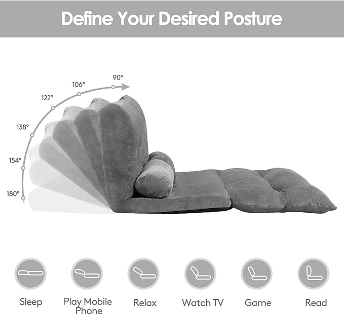 Giantex Adjustable Floor Sofa Couch with 2 Pillows Multi-Functional 6-Position Foldable Lazy Sofa Sleeper Bed Multi-Functional Suede Floor Seating Sofa for Reading Gaming (Gray)