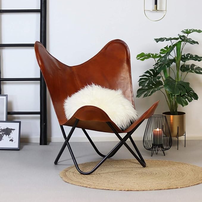 Shy Shy Let’s Touch The Sky Butterfly Chair - Tan Leather Living Room Chair with Black Metal Base (Iron Frame with Tan Cover)