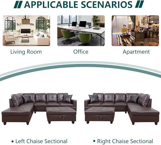 Faux Leather Sectional Sofa Couch Modern Brown L-Shaped Couch Modular Sectional Sofa Set 103.5 Corner Chaise Lounge with Storage Ottoman for Living Room Office Dorm (Right Chaise Brown)