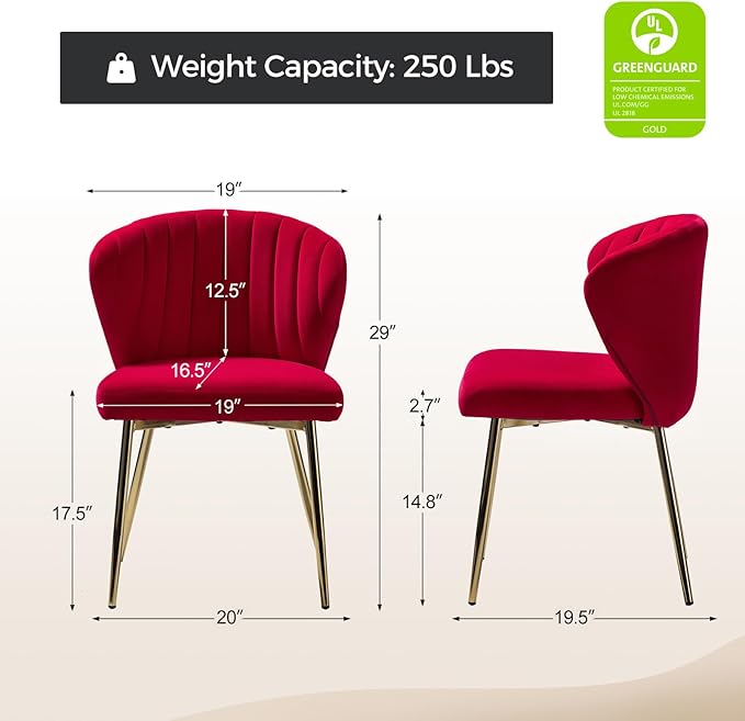 HULALA HOME Dining Chairs Set of 2 Velvet Upholstered Kitchen &amp Dining Room Chairs with Metal Legs Vanity Chair Armless Side Chairs for Living Room Bedroom Restaurant Channel Curved Backrest Red