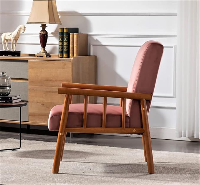 Container Furniture Classic Living Room Mid Century Modern Accent Chair with Unique Open-Framed Arm Design and Solid Wood Frame Velvet Armchair Rose