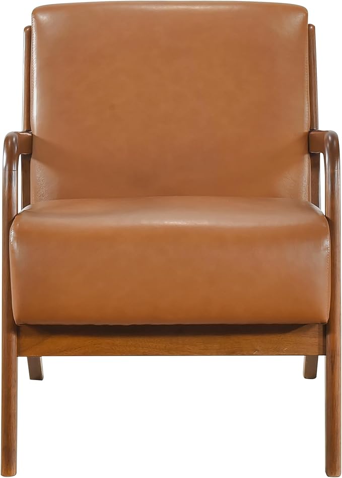Lexicon Mid Century Modern Accent Chair with Solid Wood Frame and Legs Upholstered Living Room Chairs Comfy Club Chair Faux Leather Armchair for Living Room Bedroom Office Waiting Room Cognac Tan