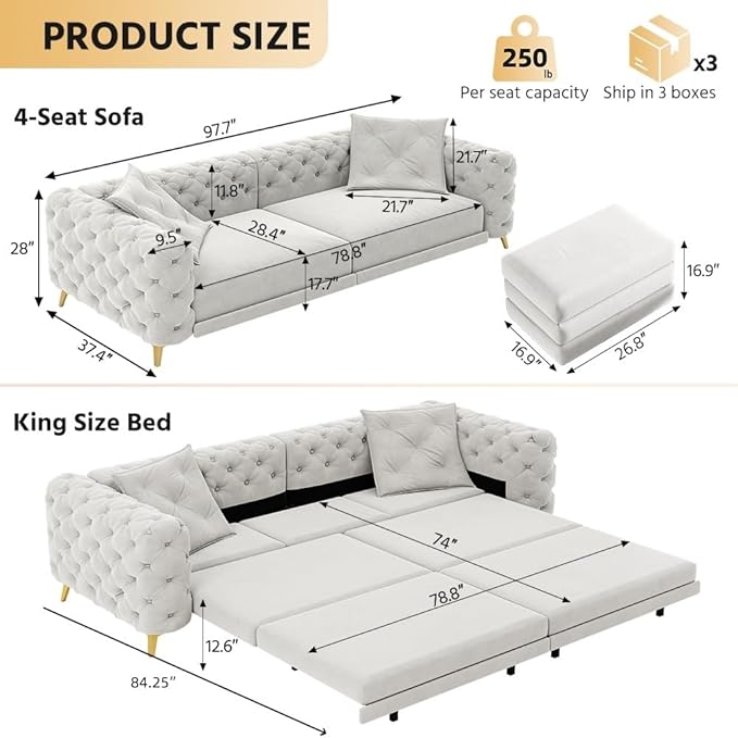 97.7'' Velvet Pull Out Sofa Bed King with Ottoman 3-in-1 Convertible Sleeper Sofa Couch Modern Tufted Deep Seat Couch with Pillows Comfy Couches for Living Room Light Grey