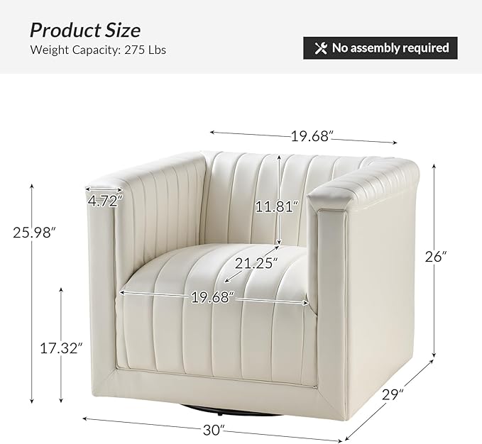 HULALA Home Faux Leather Swivel Accent Chair Set of 2 Boxy Silhouette Chair with Striped Arm Leather Barrel Chair with Herringbone Pattern(Ivory)