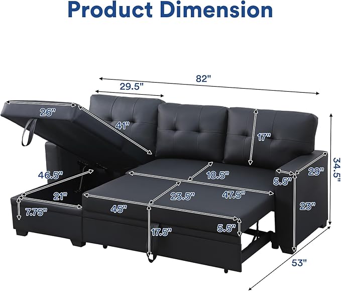 Rovibek 4-in-1 Convertible L Shaped Sofa Bed 82 Sleeper Sofa Couch with Pullout Bed Convertible Sleeper Sofa with Storage Chaise Small Couches for Paces Living Room Office Apartment