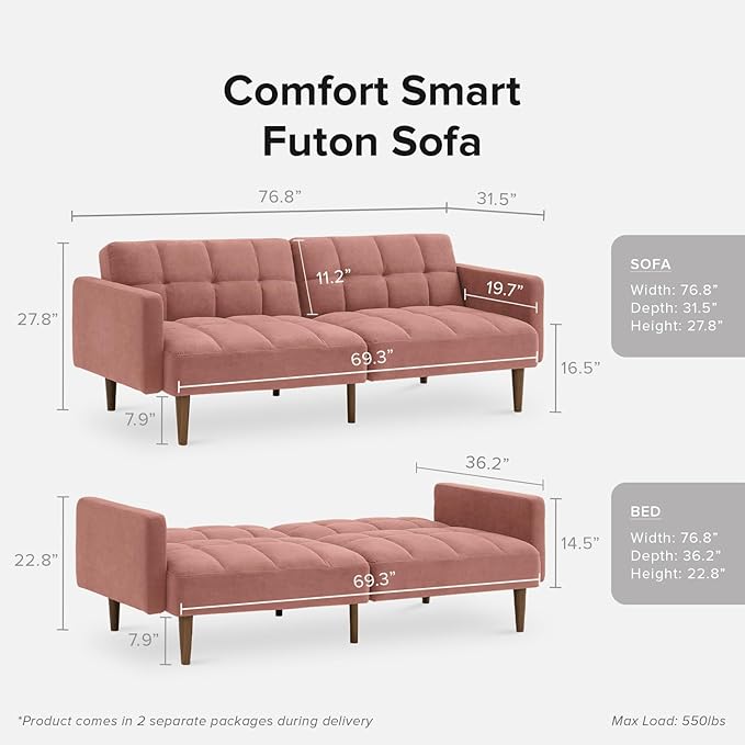 mopio Aaron 76.8 Couch Small Futon Sofa Bed Sleeper Loveseat Mid Century Modern Futon Couch Sofa Cama Couches for Living Room Bedroom (Old Rosa Velvet)