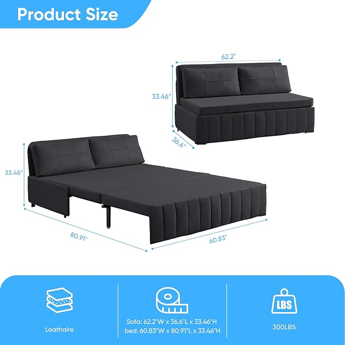 Mjkone 64 Width Queen Size Pull Out Sleeper Sofa Bed Couch 3-in-1 Faux Leather Loveseat Sofa Sleeper Armless Pullout Sofa Couch Bed with Side Pockets for Living Room Apartment Dark Grey