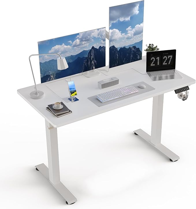 48 x 24 Electric Standing Desk Adjustable Height Sit Stand Desk with 3 Preset Heights &amp 2 Hook Electric Desk for Home Office Gaming White