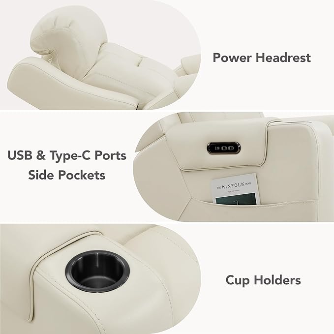 Watson &amp Whitely Genuine Leather Power Recliner Chairs for Adults Lay Flat Recliner with Power Headrest USB Ports and Cup Holders Electric Reclining Sofa for Living Room Bedroom Cream