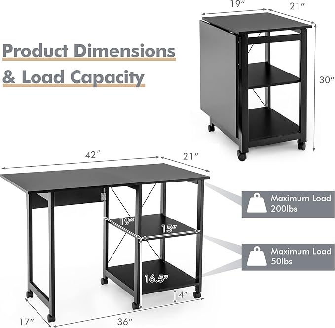 Tangkula Folding Computer Desk Modern Writing Table w/ 2-Tier Storage Shelves PC Laptop Study Table Workstation w/ 6 Wheels Space Saving Compact Home Office Desk for Small Apartment (Black)