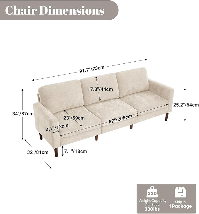 Kingfun 91.7 3 Seater Sofa Chenille Couch Mid Century Modern Couches with Solid Wood Legs for Living Room &amp Bedroom Beige