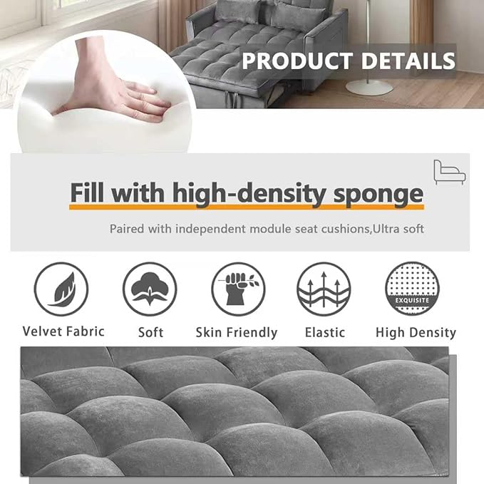 3 in 1 Pull Out Couch Bed Convertible Futon Sofa Bed Velvet Sleeper Loveseat for Small Living Room Adjustable Backrest Comfy Pillows Side Pocket (Dark Grey)