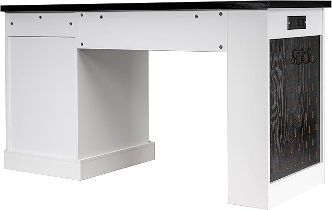 55 Modern Fluted Office Desk with Storage Cabinet &amp Drawers Computer Writing Desk with Power Outlet Pegboard Built-in Shelves &amp Keyboard Tray for Study Home Office White