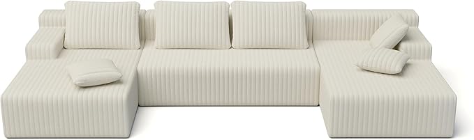 LAUSAINT HOME 132 Modular Sectional Sofa Couches U-Shaped Boneless Cloud Sofa with 4 Deep Seat 6 Cushiones Oversized Chaise for Living Room Bedroom Plush Corduroy Fabric (U Shaped Sofa Beige)