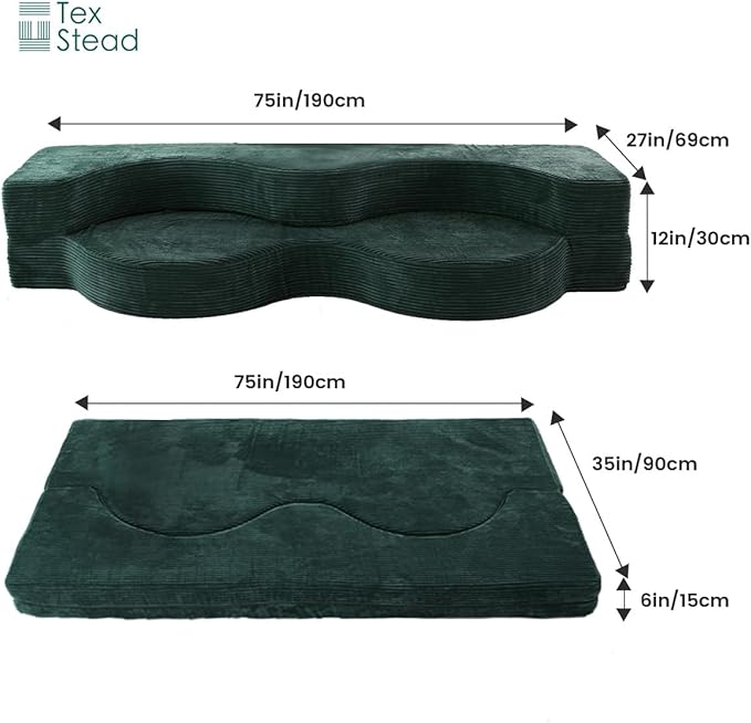 75 Folding Sofa Bed Convertible Futon Twin Size Sleeper Couch Washable Velvet Corduroy Cover &amp High-Density Foam 2-in-1 Floor Mattress No Assembly for Living Room/Dorm Green
