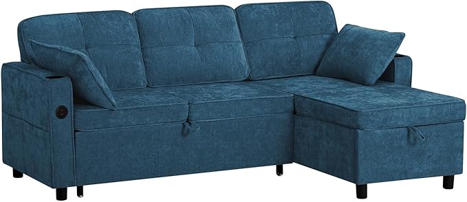 84 Inches L Shaped Sofa w/Adjustable Back &amp Pull-Out Sofa Bed Chenille Tufted Sectional Couch w/Storage Chaise &ampUSB Charging Port Modern Sleeper Couch w/Cup Holders for Living Room Blue