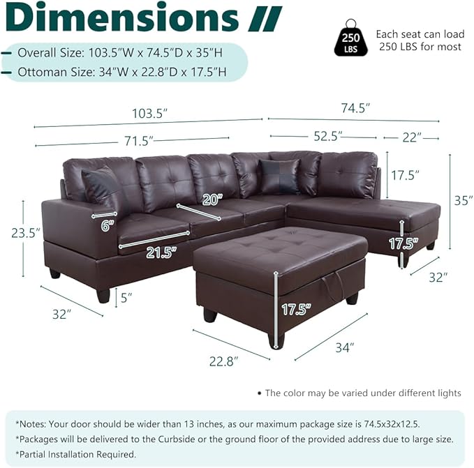 Faux Leather Sectional Sofa Couch Modern Brown L-Shaped Couch Modular Sectional Sofa Set 103.5 Corner Chaise Lounge with Storage Ottoman for Living Room Office Dorm (Right Chaise Brown)