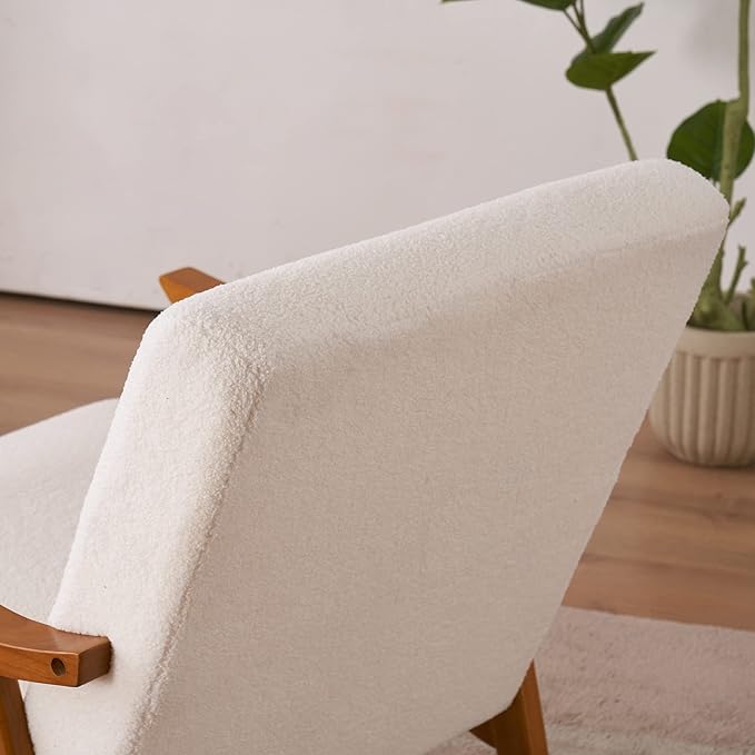 Accent Chair for Living Room Mid-Century Modern Lounge Chair with Solid Wood Legs Comfortable Reading Armchair for Office Apartment Bedroom Waiting Room Off-White