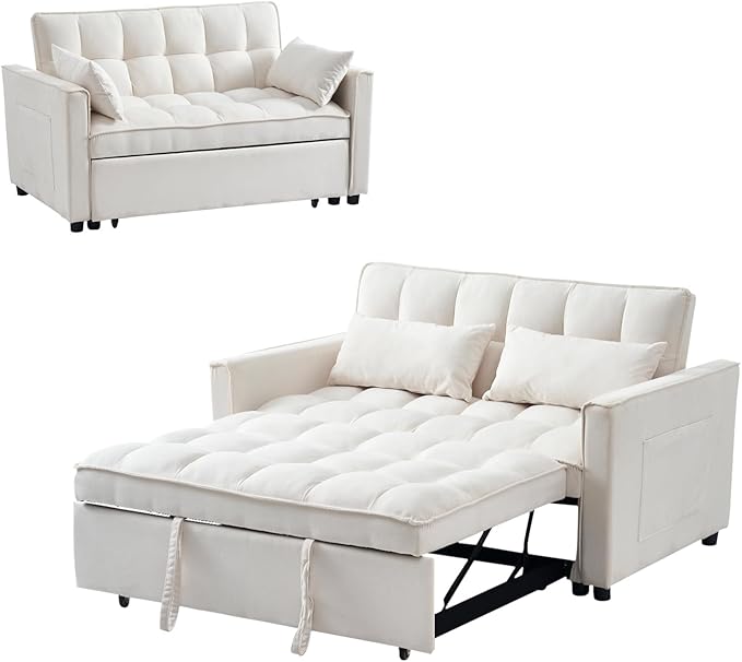 Futon Sofa Bed 3 in 1 Sleeper Sofa Couch Bed with Armrests Storage Pockets and 2 Pillows Adjustable Backrest Sofa Bed Couch for Living Room Bedroom OfficeReading Room(Beige)