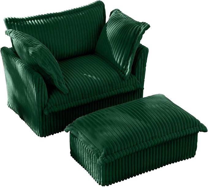 49''W Corduroy Chaise Lounge Chair Indoor Oversized Upholstered Sleeper Sofa with Movable Ottoman and 2 Pillows Removable Sofa Cover for Living Room Home Theater Apartment(Green)