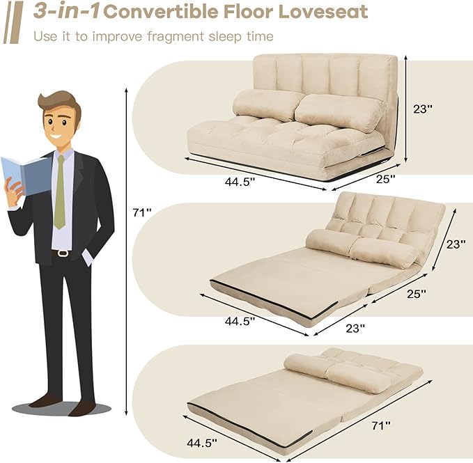 GOFLAME 6-Position Convertible Sofa Beige (Sponge High-Strength Steel Frame 330LBS Capacity Foldable Design for Easy Storage Modern Living Room)