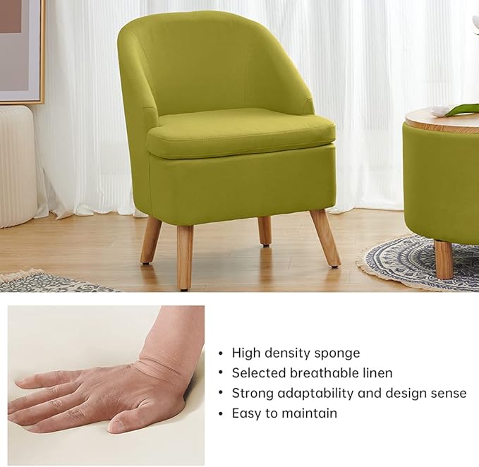 Cute Upholstered Accent Club Green Chair with Barrel Style Cotton Linen Like Fabric Round Single Sofa for Wooden Leg Living Room BedroomLarge