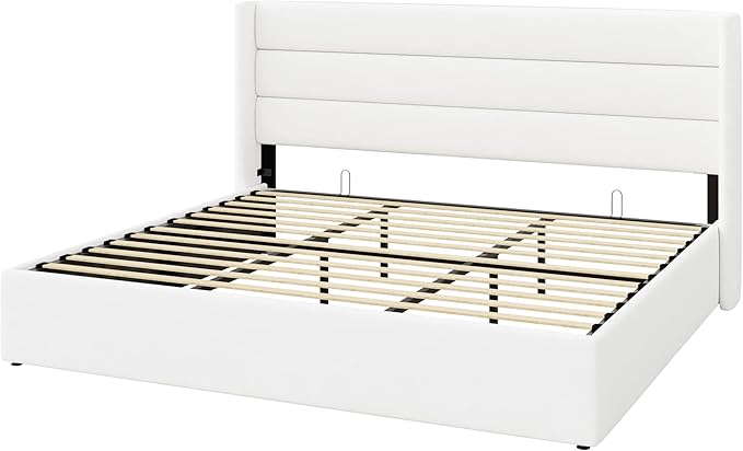 SHA CERLIN King Size Lift Up Storage Bed/Velvet Upholstered/Modern Wingback Headboard/Upholstered Platform Bed Frame/Hydraulic Storage/No Box Spring Needed/White