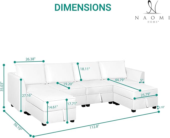 Naomi Home Modular Convertible U-Shaped Sectional Sofa with Reversible Chaise Oversized Couch Elizabeth Sectional Sofa with Ottoman - Air Leather Upholstery White