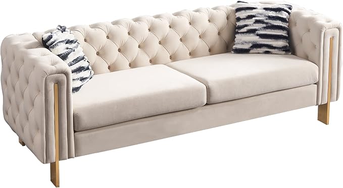 Dolonm Modern Velvet Sofa for Living Room 84 Inches Long Upholstered Sofa Couch with High Armrest and Metal Legs Decor Furniture for Bedroom Office (Cream)