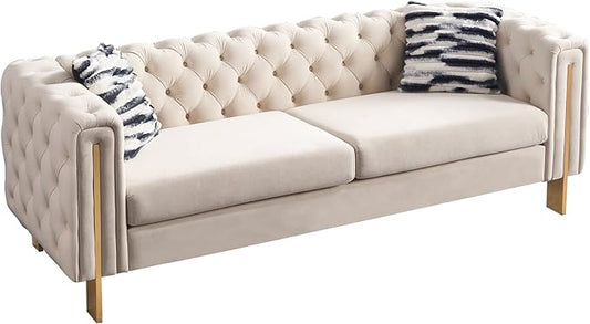 Dolonm Modern Velvet Sofa for Living Room 84 Inches Long Upholstered Sofa Couch with High Armrest and Metal Legs Decor Furniture for Bedroom Office (Cream)